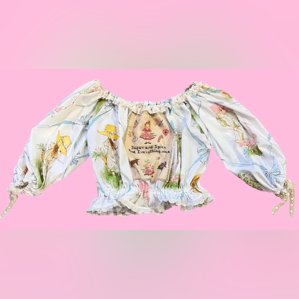 Handmade Vintage Upcycled 70’s Holly Hobbie Long Sleeve Puff Sleeve Peasant Top